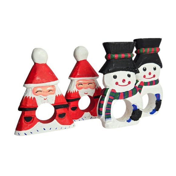 Hand-Crafted Christmas Holiday Wooden Napkin Rings Snowman & Santa Set Of 4 - Picture 1 of 3